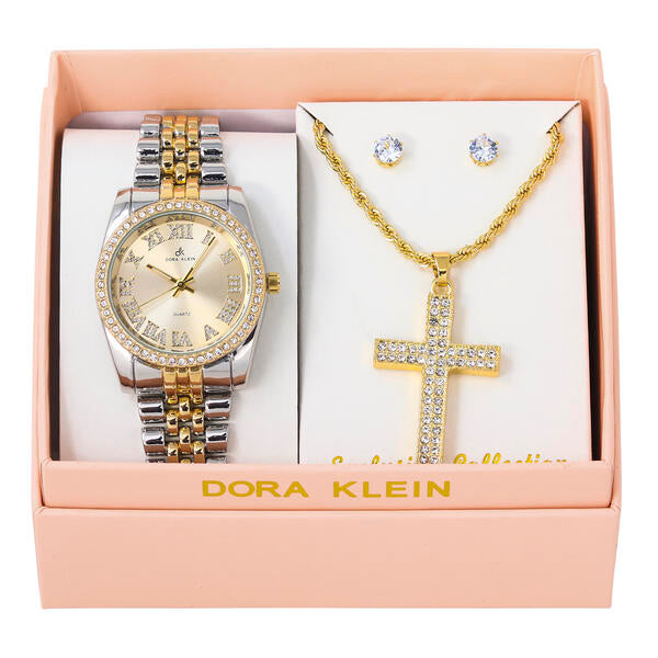 Ladies Metal Band Watch and Cross Necklace Set - LW1K-102