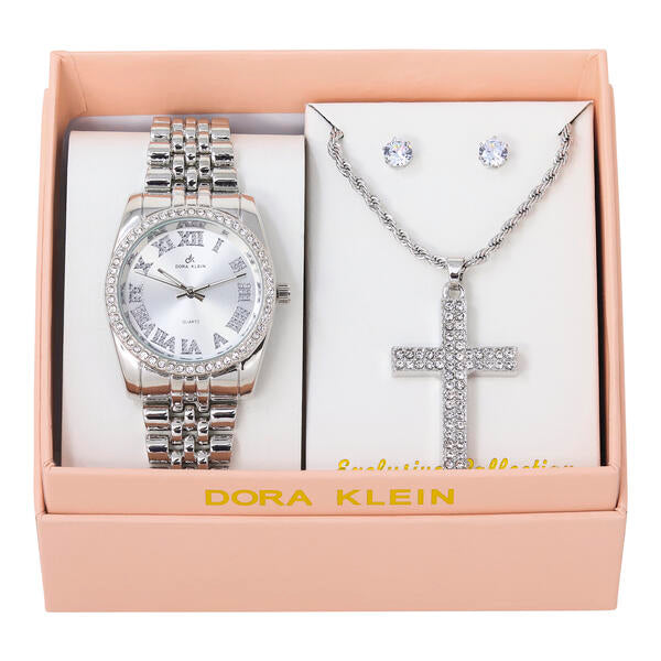 Ladies Metal Band Watch and Cross Necklace Set - LW1K-102