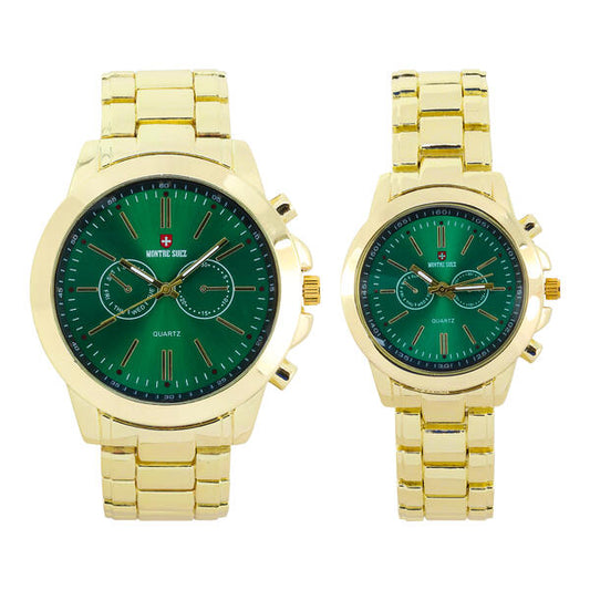 His and Her Matching Metal Band Watch Set - MSHH9357-MB