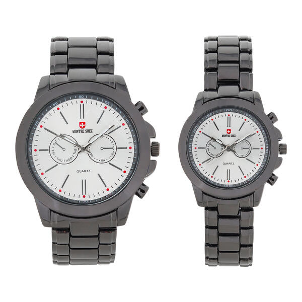 His and Her Matching Metal Band Watch Set - MSHH9357-MB