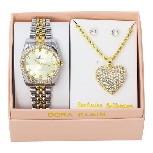 Ladies Metal Band Watch and Heart Necklace Set - LW1K-104