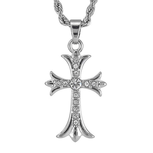 Iced Mini Cross Pendant with 3mm Rope Chain 24" - HC-406