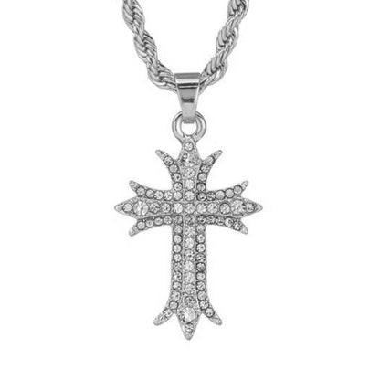 Iced Mini Cross Pendant with 3mm Rope Chain 24" - HC-410