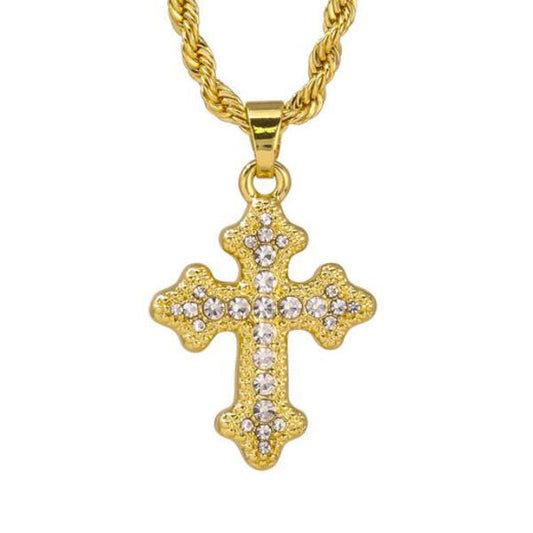 Iced Mini Cross Pendant with 3mm Rope Chain 24" - HC-411