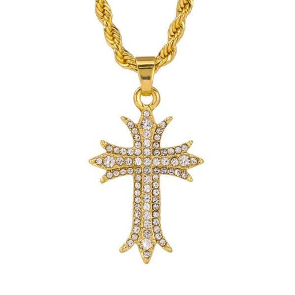 Iced Mini Cross Pendant with 3mm Rope Chain 24" - HC-410