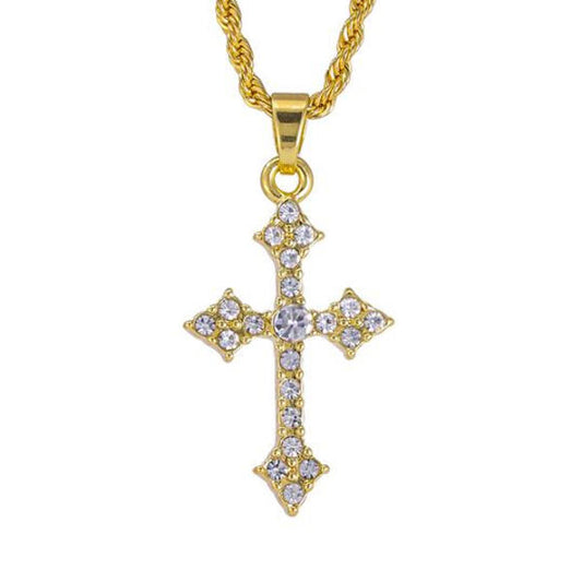 Iced Mini Cross Pendant with 3mm Rope Chain 24" - HC-408