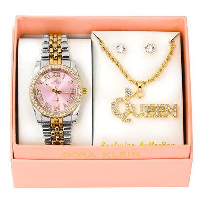 Ladies Metal Band Watch and Queen Necklace Set - LW1K-103