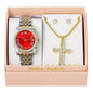 Ladies Metal Band Watch and Cross Necklace Set - LW1K-102