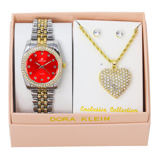 Ladies Metal Band Watch and Heart Necklace Set - LW1K-104