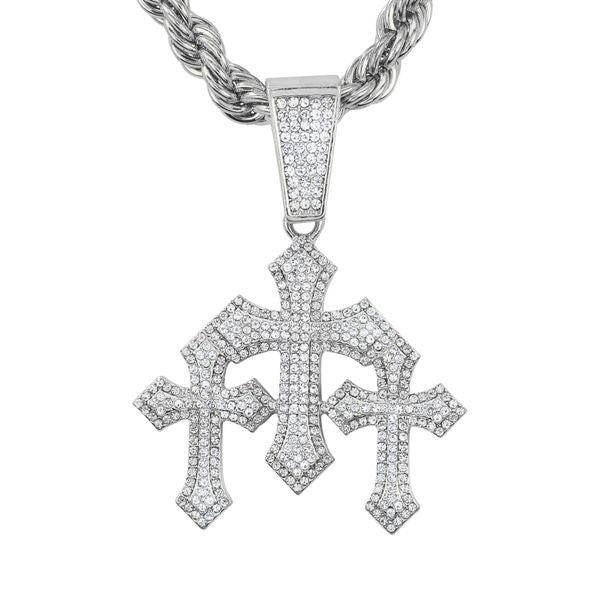 Large Iced Triple Cross Pendant with 12mm Iced Cuban Chain - H9N-154