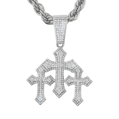 Large Iced Triple Cross Pendant with 12mm Iced Cuban Chain - H9N-154