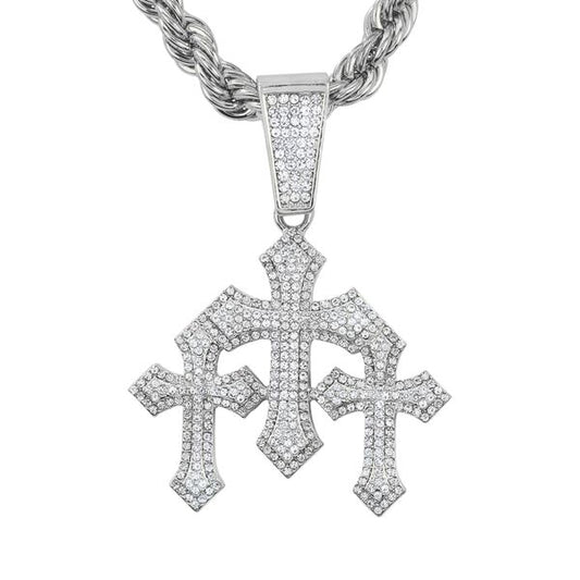 Large Iced Triple Cross Pendant with 12mm Iced Cuban Chain - H9N-154