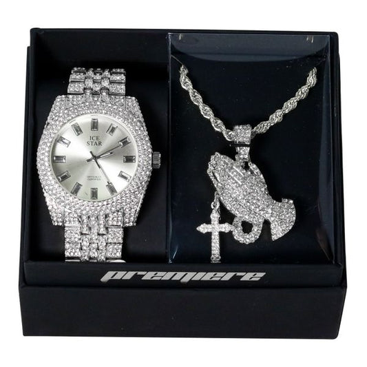 Watch & Praying-Hand Pendant Gift Set - W1K4-103