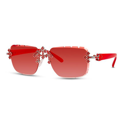 Red sunglasses with decorative elements on a white background