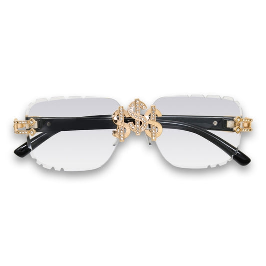 Iced Dollar Sign - Clear Lens Black Temple Sunglasses - ASG-403