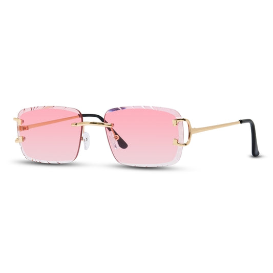 Sunglasses with pink lenses and gold frames on a white background