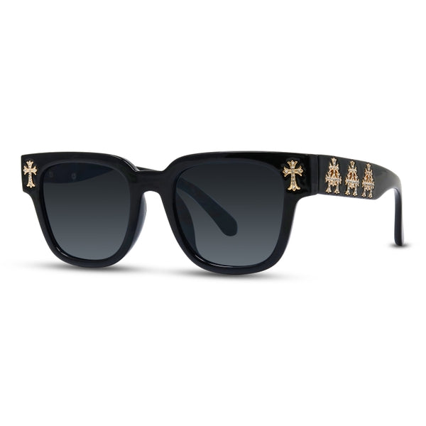 Black sunglasses with decorative arm details on a white background