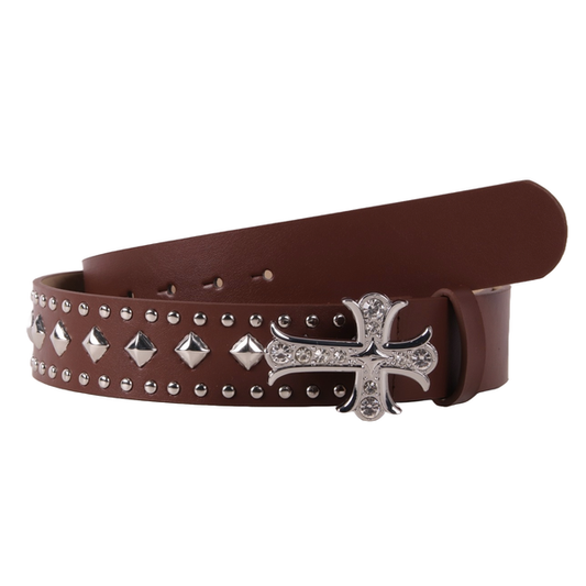 Brown belt with silver studs and cross buckle on a white background