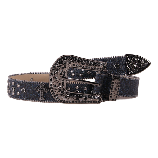 Black Western Rhinestone Embellished Buckle Belt - ABL-232
