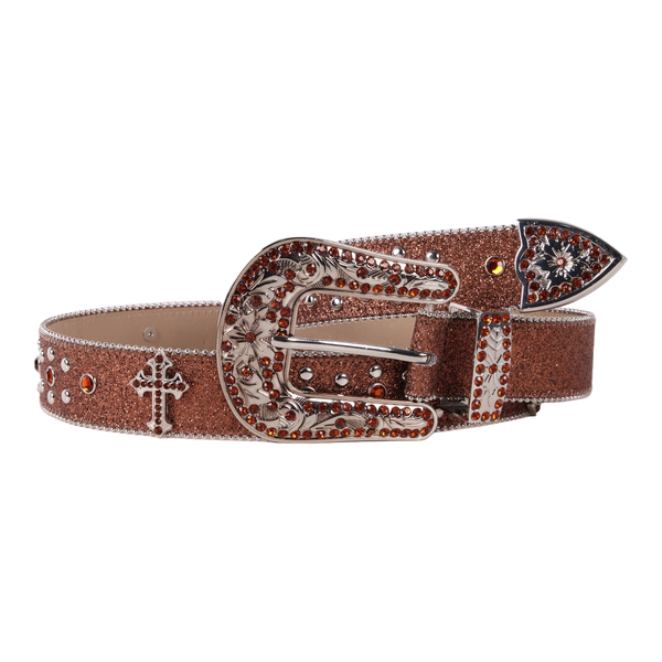 Decorative belt with brown leather, silver buckle, and embellishments on a white background