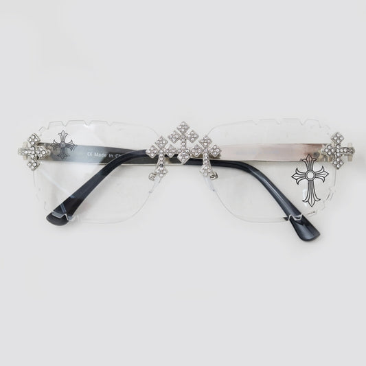 Etched Cross Designer Clear Lens Rimless Sunglasses - ASG-139