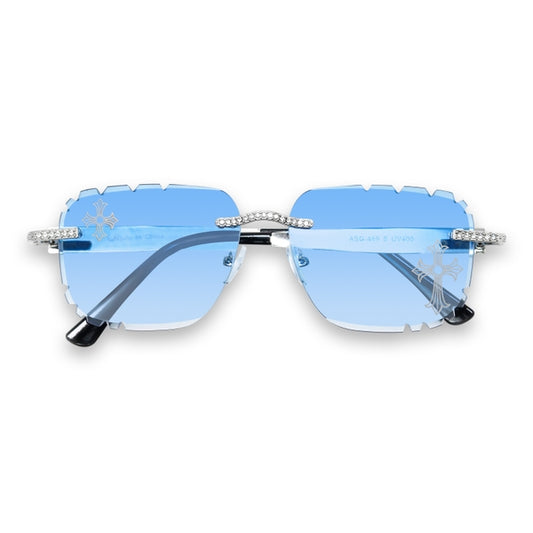 Etched Cross Blue Gradient Lens Rimless Sunglasses - ASG-489