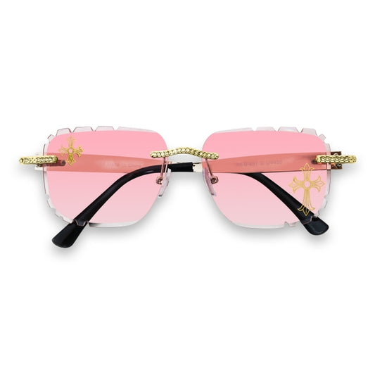 Etched Cross Pink Lens Rimless Sunglasses - ASG-491