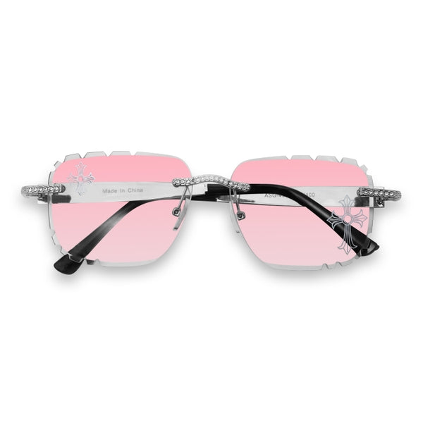 Etched Cross Pink Lens Rimless Sunglasses - ASG-491
