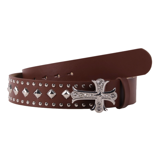 Rhinestone Cross Studded Faux Leather Belt - ABL-115