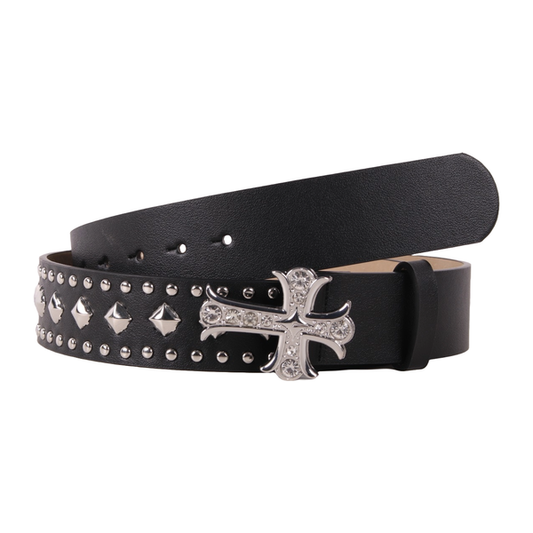 Rhinestone Cross Studded Faux Leather Belt - ABL-116