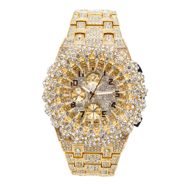 Gold watch with diamond-studded face and band on a white background