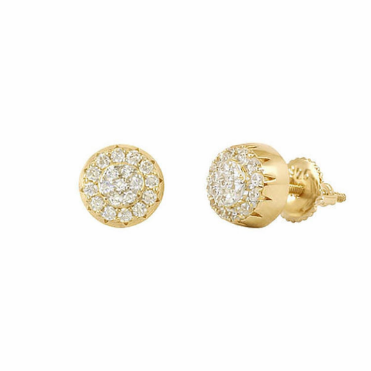 Gold earrings with diamond-like stones on a white background