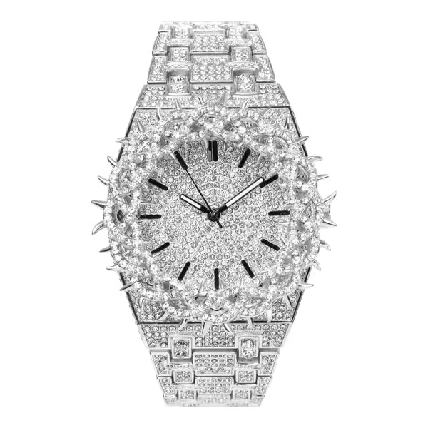 Men’s Iced-Out Spiked Bezel Metal Band Watch – 10330A-MB