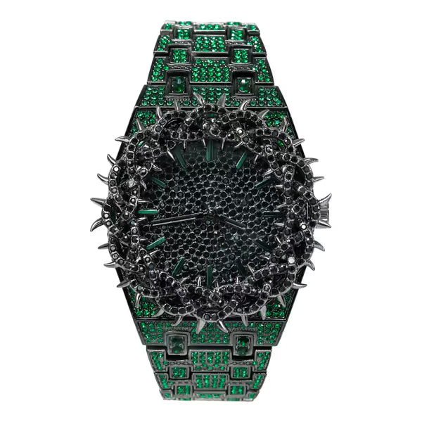 Men’s Iced-Out Spiked Bezel Metal Band Watch – 10330A-MB