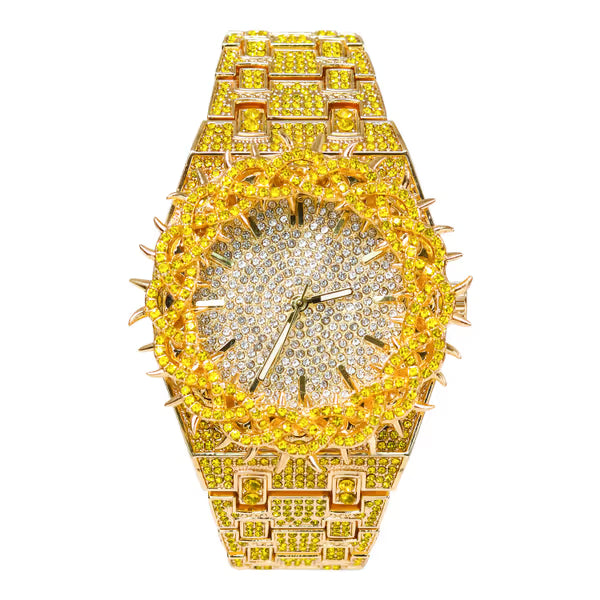 Men’s Iced-Out Spiked Bezel Metal Band Watch – 10330A-MB