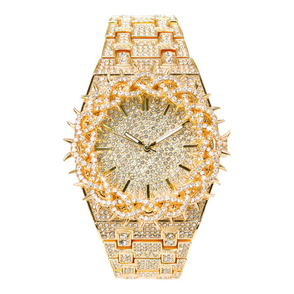 Men’s Iced-Out Spiked Bezel Metal Band Watch – 10330A-MB