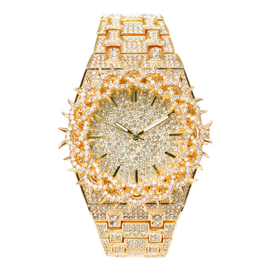 Men’s Iced-Out Spiked Bezel Metal Band Watch – 10330A-MB