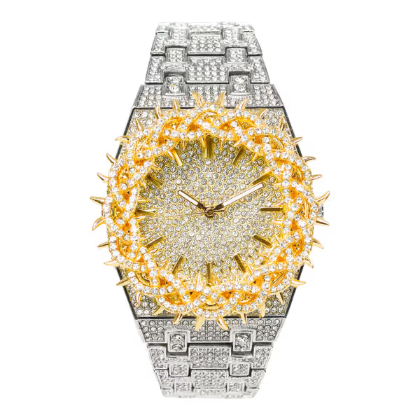 Men’s Iced-Out Spiked Bezel Metal Band Watch – 10330A-MB