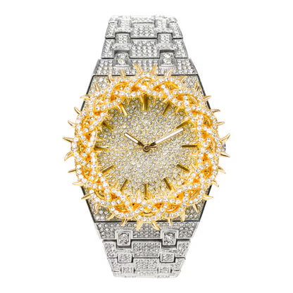 Men’s Iced-Out Spiked Bezel Metal Band Watch – 10330A-MB