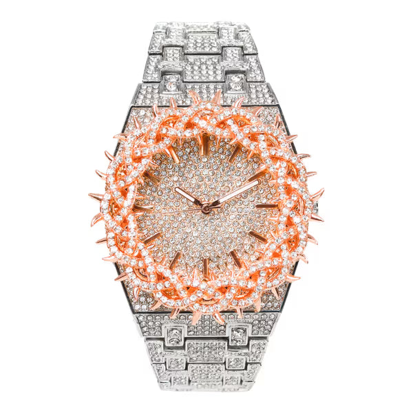 Men’s Iced-Out Spiked Bezel Metal Band Watch – 10330A-MB