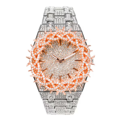 Men’s Iced-Out Spiked Bezel Metal Band Watch – 10330A-MB