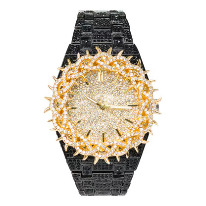 Men’s Iced-Out Spiked Bezel Metal Band Watch – 10330A-MB