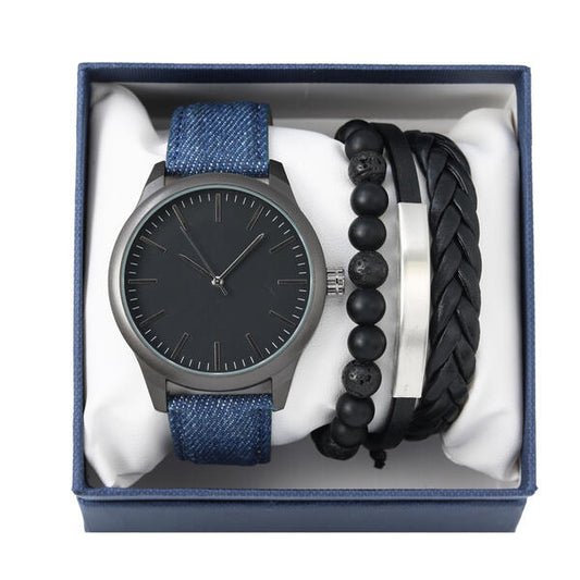 Denim Leather Band Watch and Bracelets Set - W2BR-007