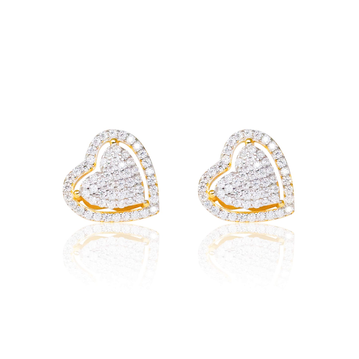 12mm heart moissanite cluster earrings in gold with pavé diamond studs.
