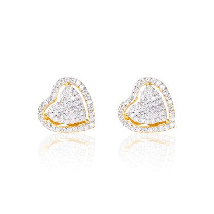 12mm heart moissanite cluster earrings in gold with pavé diamond studs.