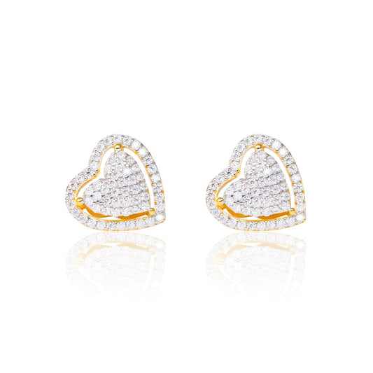 12mm heart moissanite cluster earrings in gold with pavé diamond studs.