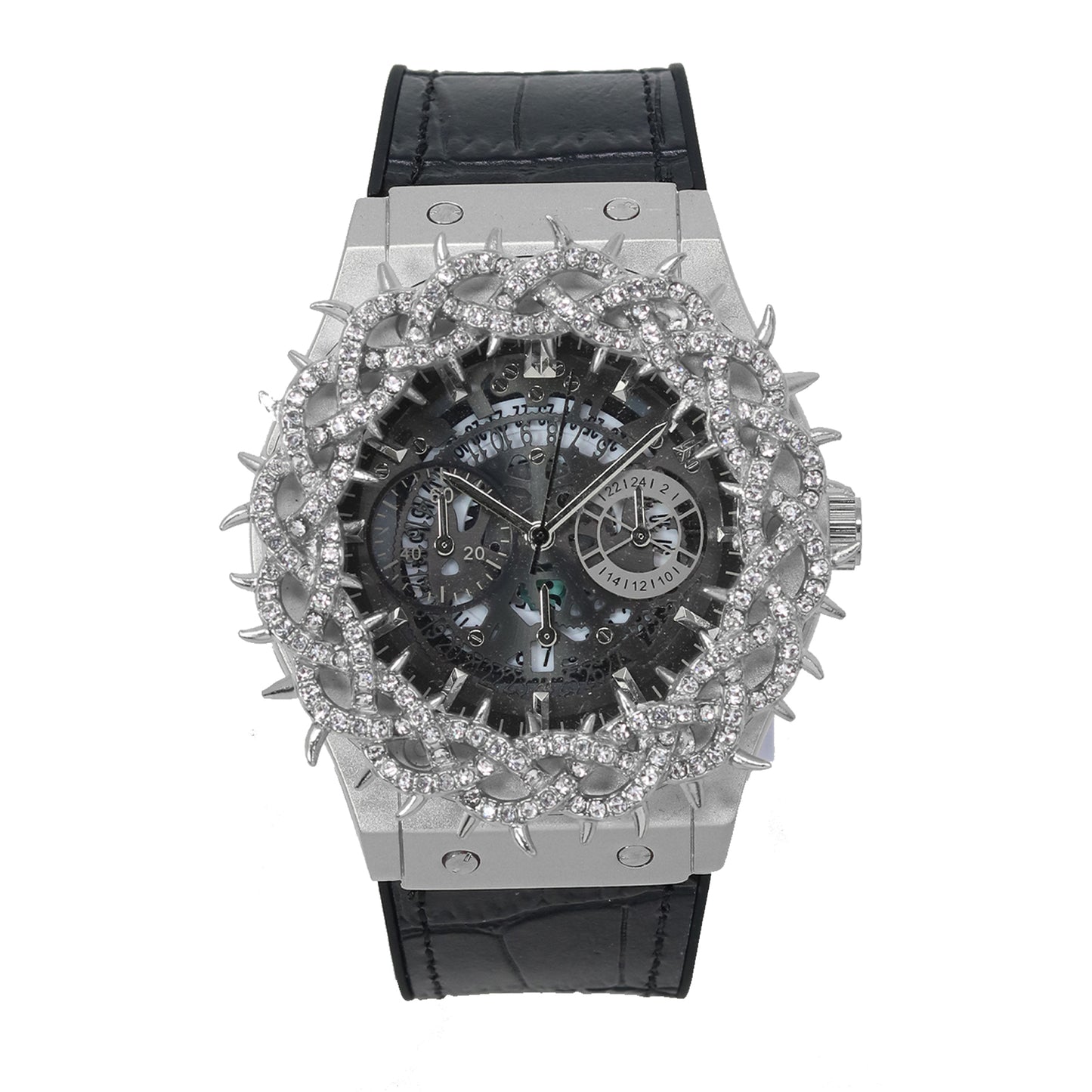 Luxury watch with black leather strap and diamond-studded face on a white background