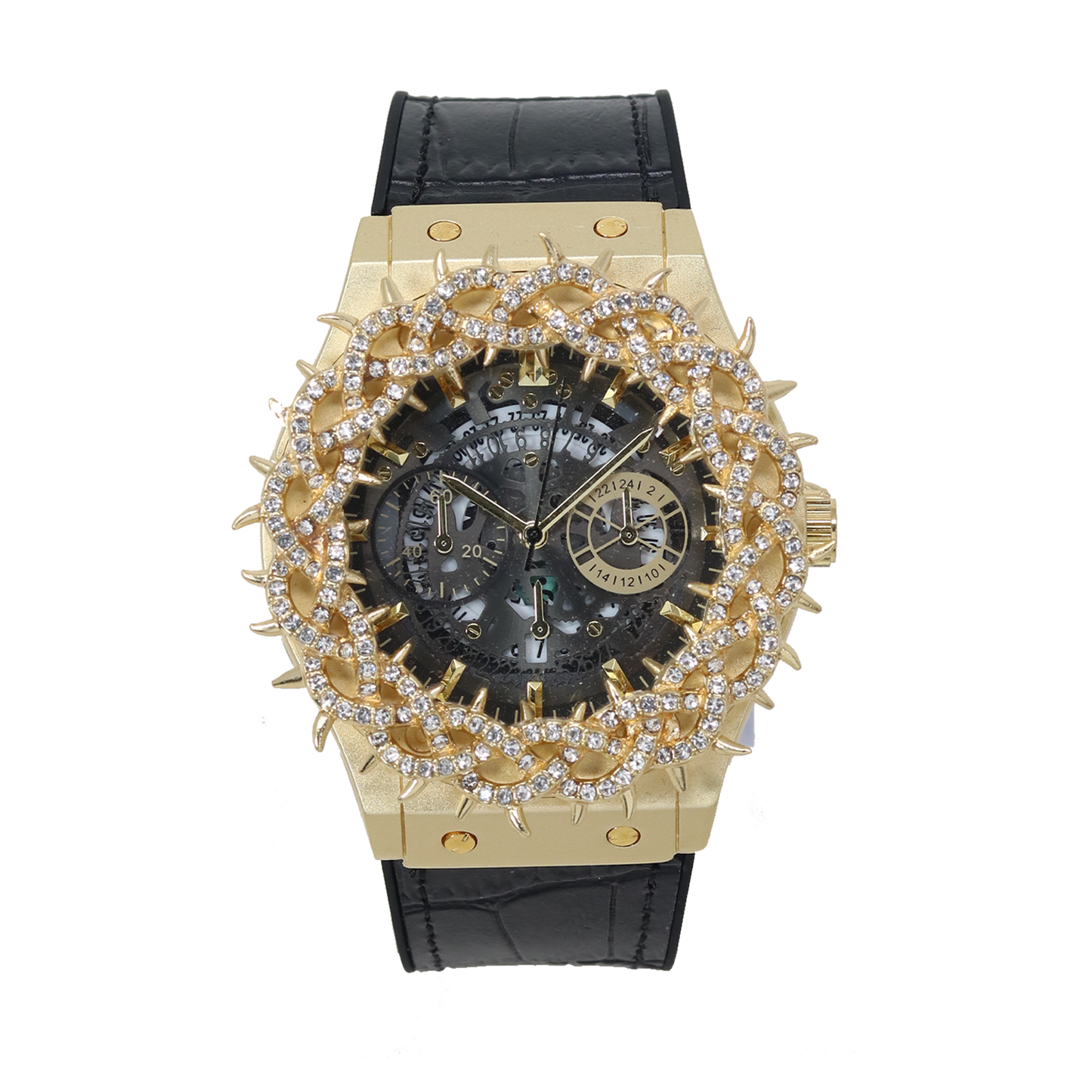 Luxury watch with gold case, black strap, and intricate design on a white background