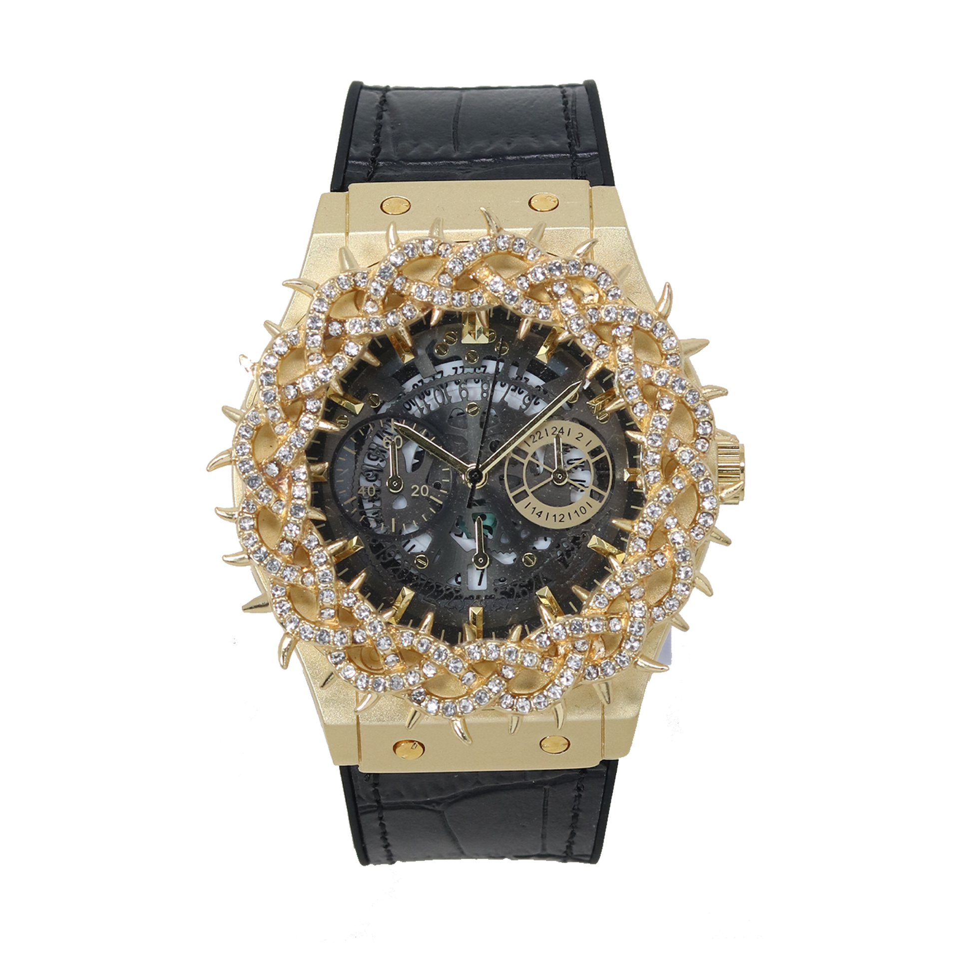 Luxury watch with gold case, black strap, and intricate design on a white background