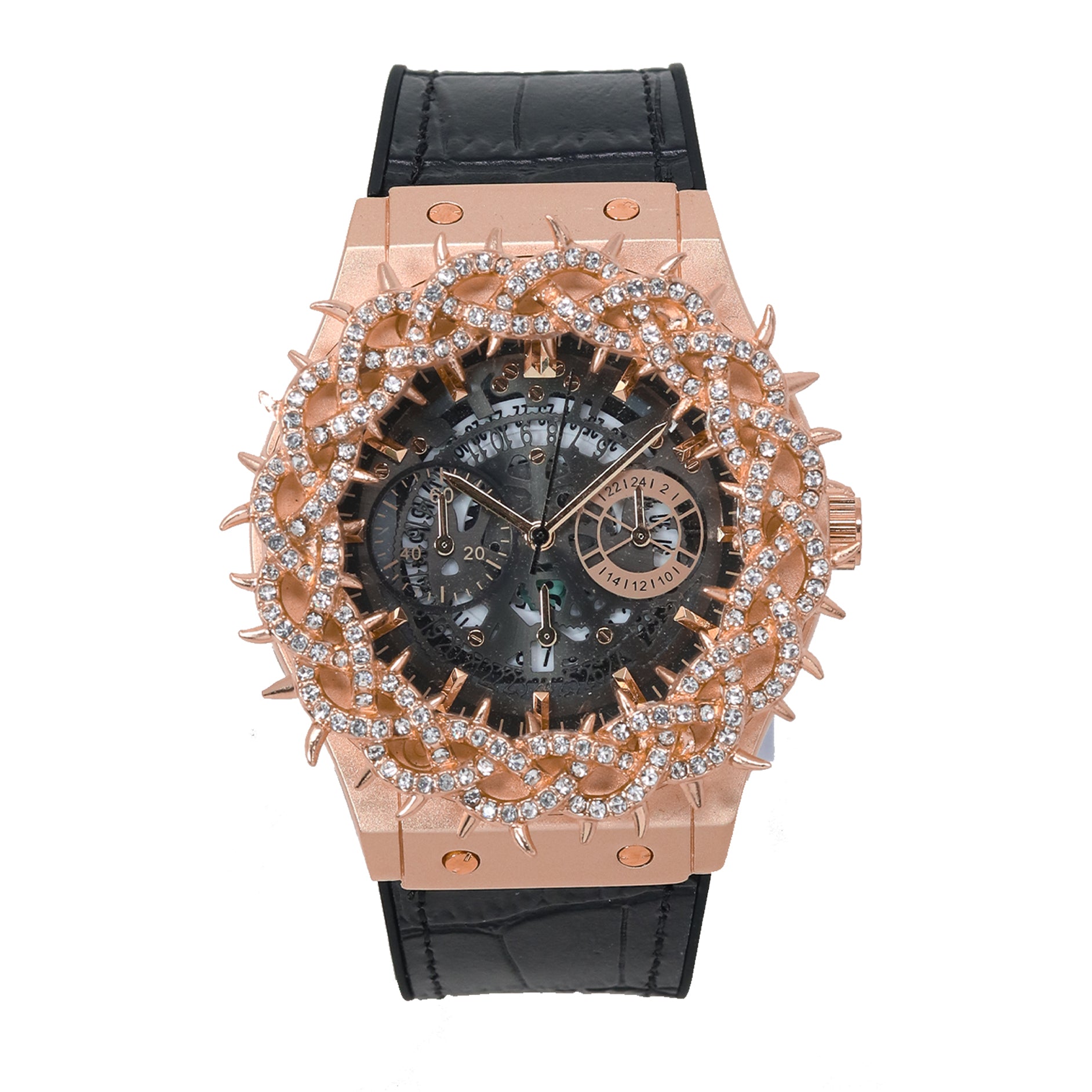 Luxury watch with rose gold case and black leather strap on white background